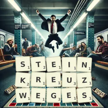 Kreative Illustration für ein Scrabble-Spiel, bei dem das Wort STEINKREUZWEGES mit Steinen auf dem Brett gelegt wurde.