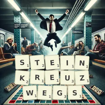Kreative Illustration für ein Scrabble-Spiel, bei dem das Wort STEINKREUZWEGS mit Steinen auf dem Brett gelegt wurde.