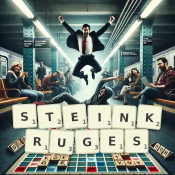 Kreative Illustration für ein Scrabble-Spiel, bei dem das Wort STEINKRUGES mit Steinen auf dem Brett gelegt wurde.