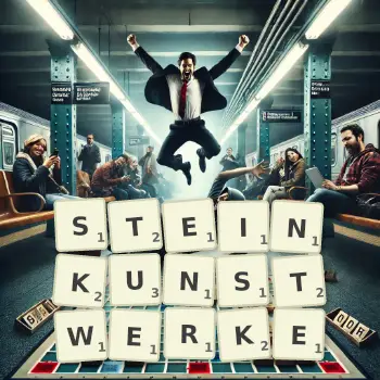Kreative Illustration für ein Scrabble-Spiel, bei dem das Wort STEINKUNSTWERKE mit Steinen auf dem Brett gelegt wurde.