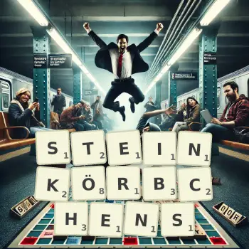 Kreative Illustration für ein Scrabble-Spiel, bei dem das Wort STEINKÖRBCHENS mit Steinen auf dem Brett gelegt wurde.