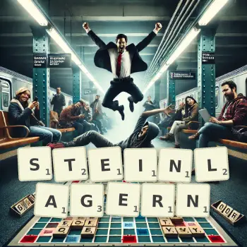 Kreative Illustration für ein Scrabble-Spiel, bei dem das Wort STEINLAGERN mit Steinen auf dem Brett gelegt wurde.