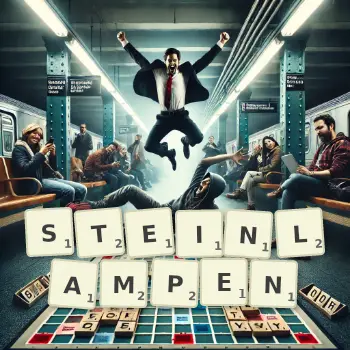 Kreative Illustration für ein Scrabble-Spiel, bei dem das Wort STEINLAMPEN mit Steinen auf dem Brett gelegt wurde.