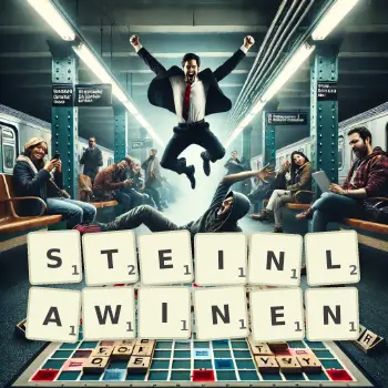 Kreative Illustration für ein Scrabble-Spiel, bei dem das Wort STEINLAWINEN mit Steinen auf dem Brett gelegt wurde.