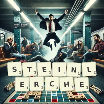 Kreative Illustration für ein Scrabble-Spiel, bei dem das Wort STEINLERCHE mit Steinen auf dem Brett gelegt wurde.