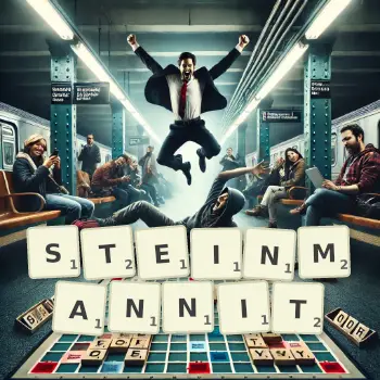 Kreative Illustration für ein Scrabble-Spiel, bei dem das Wort STEINMANNIT mit Steinen auf dem Brett gelegt wurde.