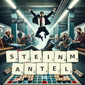 Kreative Illustration für ein Scrabble-Spiel, bei dem das Wort STEINMANTEL mit Steinen auf dem Brett gelegt wurde.