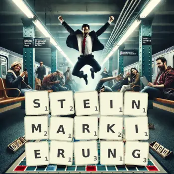 Kreative Illustration für ein Scrabble-Spiel, bei dem das Wort STEINMARKIERUNG mit Steinen auf dem Brett gelegt wurde.