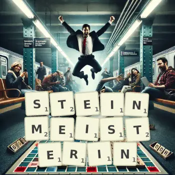 Kreative Illustration für ein Scrabble-Spiel, bei dem das Wort STEINMEISTERIN mit Steinen auf dem Brett gelegt wurde.