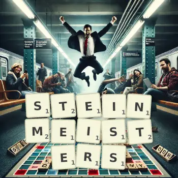 Kreative Illustration für ein Scrabble-Spiel, bei dem das Wort STEINMEISTERS mit Steinen auf dem Brett gelegt wurde.