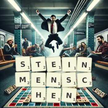 Kreative Illustration für ein Scrabble-Spiel, bei dem das Wort STEINMENSCHEN mit Steinen auf dem Brett gelegt wurde.
