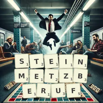 Kreative Illustration für ein Scrabble-Spiel, bei dem das Wort STEINMETZBERUF mit Steinen auf dem Brett gelegt wurde.