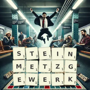 Kreative Illustration für ein Scrabble-Spiel, bei dem das Wort STEINMETZGEWERK mit Steinen auf dem Brett gelegt wurde.