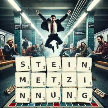 Kreative Illustration für ein Scrabble-Spiel, bei dem das Wort STEINMETZINNUNG mit Steinen auf dem Brett gelegt wurde.