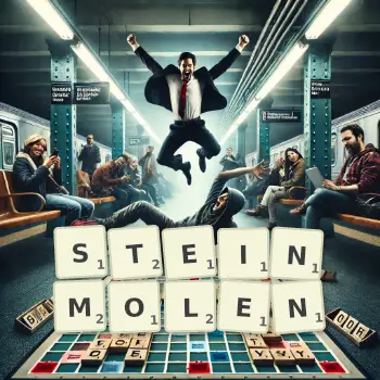 Kreative Illustration für ein Scrabble-Spiel, bei dem das Wort STEINMOLEN mit Steinen auf dem Brett gelegt wurde.