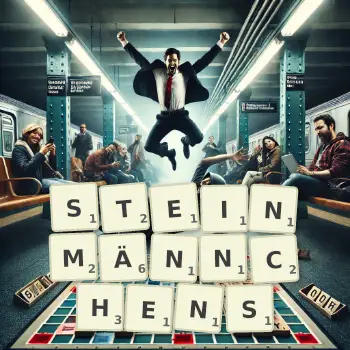 Kreative Illustration für ein Scrabble-Spiel, bei dem das Wort STEINMÄNNCHENS mit Steinen auf dem Brett gelegt wurde.