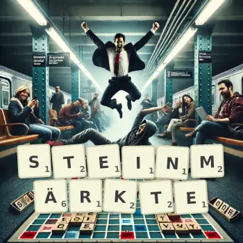 Kreative Illustration für ein Scrabble-Spiel, bei dem das Wort STEINMÄRKTE mit Steinen auf dem Brett gelegt wurde.