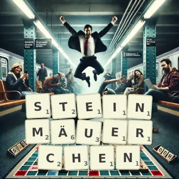 Kreative Illustration für ein Scrabble-Spiel, bei dem das Wort STEINMÄUERCHEN mit Steinen auf dem Brett gelegt wurde.