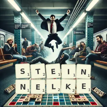 Kreative Illustration für ein Scrabble-Spiel, bei dem das Wort STEINNELKE mit Steinen auf dem Brett gelegt wurde.