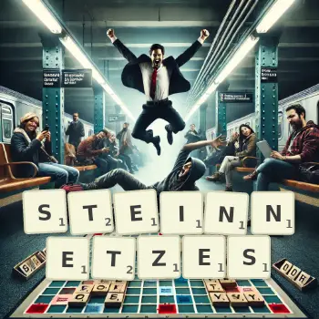 Kreative Illustration für ein Scrabble-Spiel, bei dem das Wort STEINNETZES mit Steinen auf dem Brett gelegt wurde.