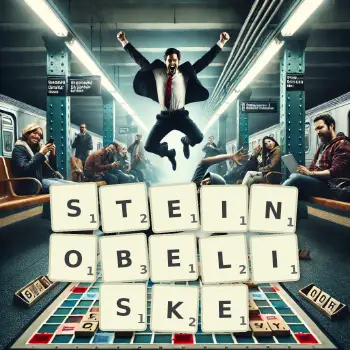 Kreative Illustration für ein Scrabble-Spiel, bei dem das Wort STEINOBELISKE mit Steinen auf dem Brett gelegt wurde.