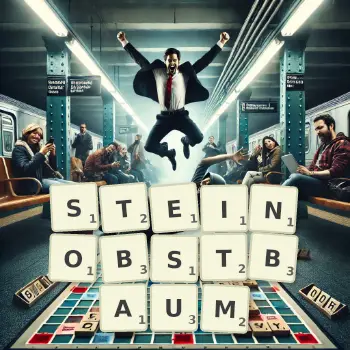 Kreative Illustration für ein Scrabble-Spiel, bei dem das Wort STEINOBSTBAUM mit Steinen auf dem Brett gelegt wurde.