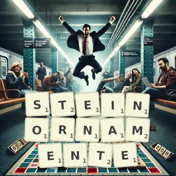 Kreative Illustration für ein Scrabble-Spiel, bei dem das Wort STEINORNAMENTE mit Steinen auf dem Brett gelegt wurde.