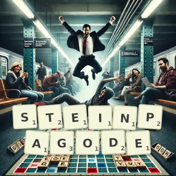 Kreative Illustration für ein Scrabble-Spiel, bei dem das Wort STEINPAGODE mit Steinen auf dem Brett gelegt wurde.