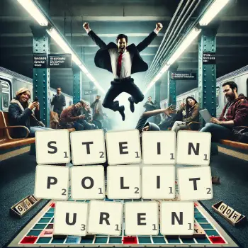Kreative Illustration für ein Scrabble-Spiel, bei dem das Wort STEINPOLITUREN mit Steinen auf dem Brett gelegt wurde.