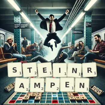 Kreative Illustration für ein Scrabble-Spiel, bei dem das Wort STEINRAMPEN mit Steinen auf dem Brett gelegt wurde.