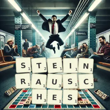 Kreative Illustration für ein Scrabble-Spiel, bei dem das Wort STEINRAUSCHES mit Steinen auf dem Brett gelegt wurde.
