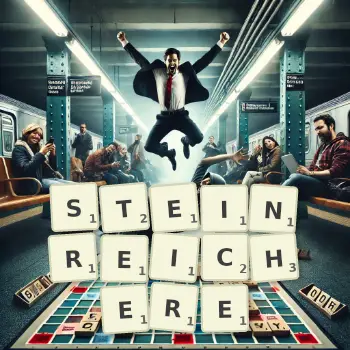 Kreative Illustration für ein Scrabble-Spiel, bei dem das Wort STEINREICHERE mit Steinen auf dem Brett gelegt wurde.