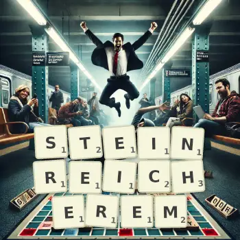 Kreative Illustration für ein Scrabble-Spiel, bei dem das Wort STEINREICHEREM mit Steinen auf dem Brett gelegt wurde.