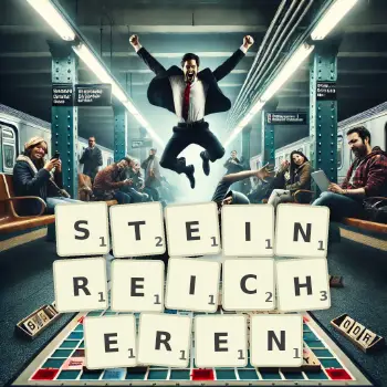Kreative Illustration für ein Scrabble-Spiel, bei dem das Wort STEINREICHEREN mit Steinen auf dem Brett gelegt wurde.