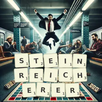 Kreative Illustration für ein Scrabble-Spiel, bei dem das Wort STEINREICHERER mit Steinen auf dem Brett gelegt wurde.