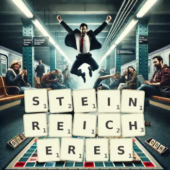 Kreative Illustration für ein Scrabble-Spiel, bei dem das Wort STEINREICHERES mit Steinen auf dem Brett gelegt wurde.