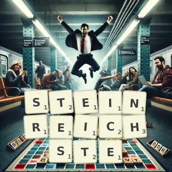 Kreative Illustration für ein Scrabble-Spiel, bei dem das Wort STEINREICHSTE mit Steinen auf dem Brett gelegt wurde.