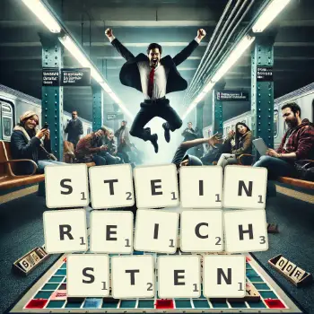 Kreative Illustration für ein Scrabble-Spiel, bei dem das Wort STEINREICHSTEN mit Steinen auf dem Brett gelegt wurde.