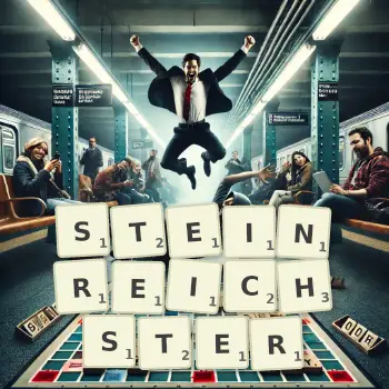 Kreative Illustration für ein Scrabble-Spiel, bei dem das Wort STEINREICHSTER mit Steinen auf dem Brett gelegt wurde.