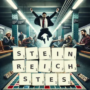 Kreative Illustration für ein Scrabble-Spiel, bei dem das Wort STEINREICHSTES mit Steinen auf dem Brett gelegt wurde.