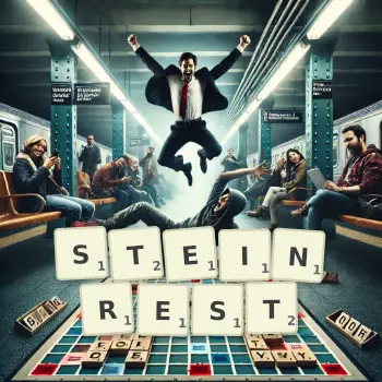 Kreative Illustration für ein Scrabble-Spiel, bei dem das Wort STEINREST mit Steinen auf dem Brett gelegt wurde.