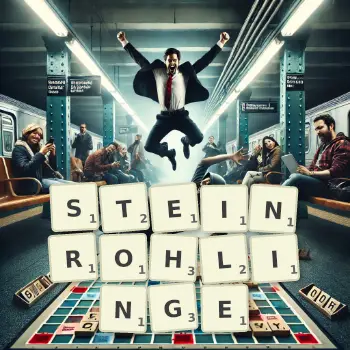 Kreative Illustration für ein Scrabble-Spiel, bei dem das Wort STEINROHLINGE mit Steinen auf dem Brett gelegt wurde.