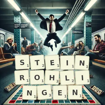 Kreative Illustration für ein Scrabble-Spiel, bei dem das Wort STEINROHLINGEN mit Steinen auf dem Brett gelegt wurde.
