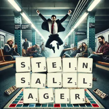 Kreative Illustration für ein Scrabble-Spiel, bei dem das Wort STEINSALZLAGER mit Steinen auf dem Brett gelegt wurde.