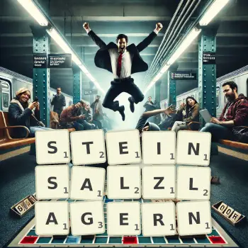 Kreative Illustration für ein Scrabble-Spiel, bei dem das Wort STEINSALZLAGERN mit Steinen auf dem Brett gelegt wurde.