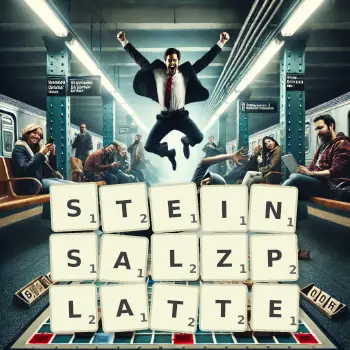 Kreative Illustration für ein Scrabble-Spiel, bei dem das Wort STEINSALZPLATTE mit Steinen auf dem Brett gelegt wurde.