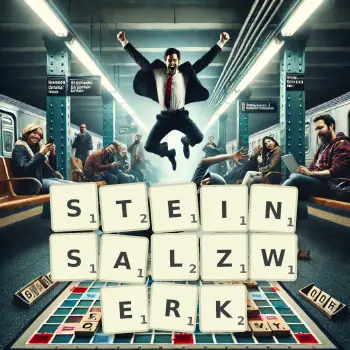Kreative Illustration für ein Scrabble-Spiel, bei dem das Wort STEINSALZWERK mit Steinen auf dem Brett gelegt wurde.