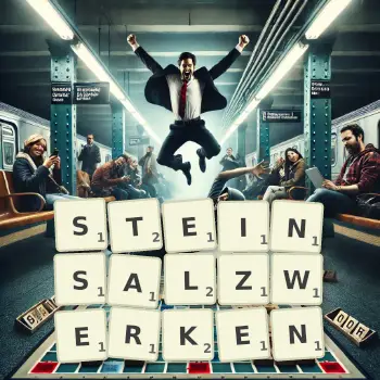 Kreative Illustration für ein Scrabble-Spiel, bei dem das Wort STEINSALZWERKEN mit Steinen auf dem Brett gelegt wurde.