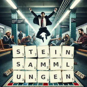 Kreative Illustration für ein Scrabble-Spiel, bei dem das Wort STEINSAMMLUNGEN mit Steinen auf dem Brett gelegt wurde.