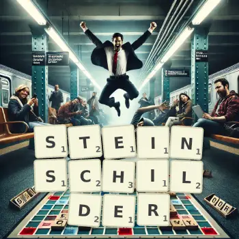 Kreative Illustration für ein Scrabble-Spiel, bei dem das Wort STEINSCHILDER mit Steinen auf dem Brett gelegt wurde.